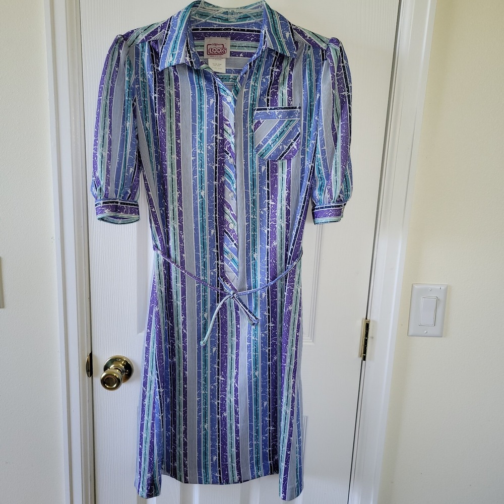California Looks Shirt Dress 10P Purple Aqua Striped‎ 1970's Vintage 1/2 Button
